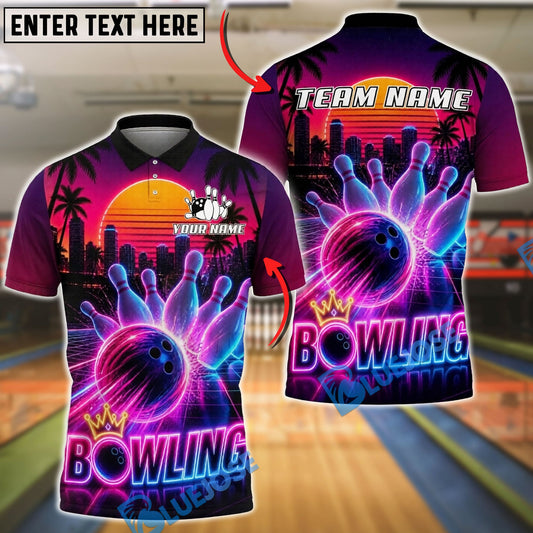 BlueJose Bowling And Pins Retro Neon Sunset City Customized Name, Team Name 3D Shirt (4 Colors)