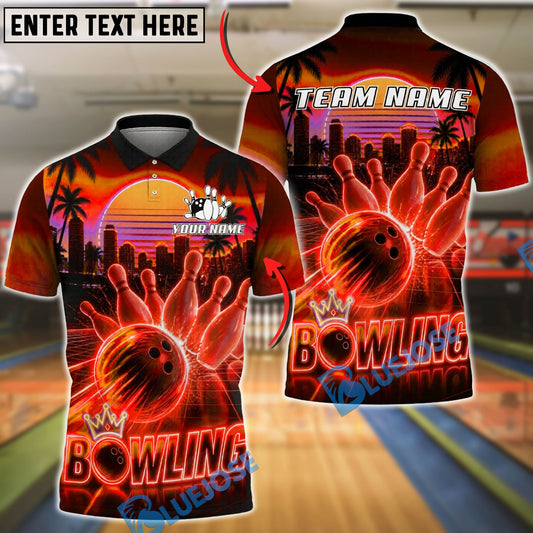 BlueJose Bowling And Pins Retro Neon Sunset City Customized Name, Team Name 3D Shirt (4 Colors)