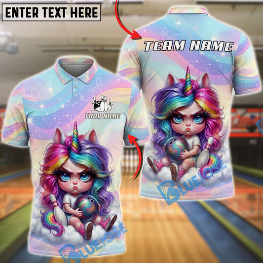 BlueJose Bowling And Pins Rainbow Unicorn Grumpy Girl Customized Name, Team Name 3D Shirt