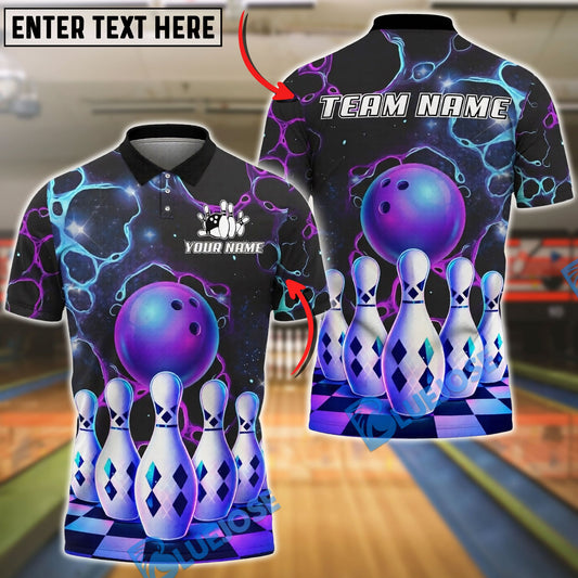 BlueJose Bowling And Pins Galaxy Neon Ball and Pins Customized Name, Team Name 3D Shirt (4 Colors)