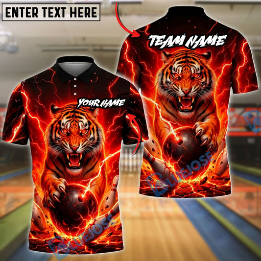 BlueJose Bowling And Pins Fierce Tiger Lightning Customized Name, Team Name 3D Shirt (4 Colors)