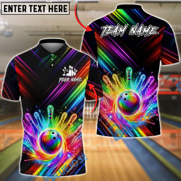 BlueJose Bowling And Pins Neon Rainbow Colorful Customized Name, Team Name 3D Shirt