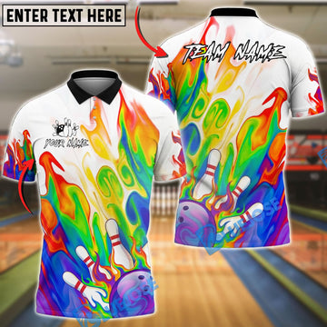BlueJose Bowling And Pins Neon Rainbow Flame White Customized Name, Team Name 3D Shirt
