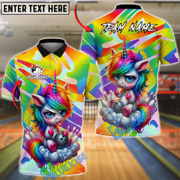 BlueJose Bowling And Pins Rainbow Angry Unicorn Customized Name, Team Name 3D Shirt