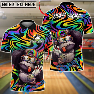 BlueJose Bowling And Pins Neon Rainbow Cute Monkey Customized Name, Team Name 3D Shirt (2 Colors)