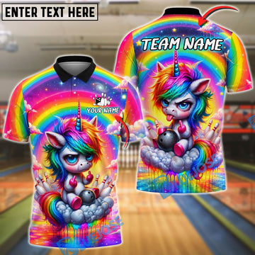 BlueJose Bowling Middle Finger Angry Unicorn Rainbow Fantasy Cartoon Customized Name, Team Name 3D Shirt