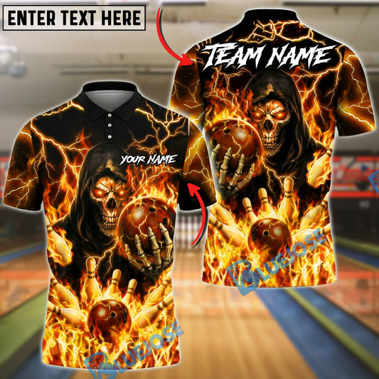 BlueJose Bowling And Pins Grim Reaper Flame Customized Name, Team Name 3D Shirt (6 Colors)