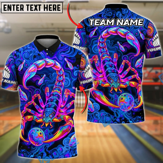 BlueJose Bowling And Pins Scorpion Psychedelic Neon Customized Name, Team Name 3D Shirt (4 Colors)