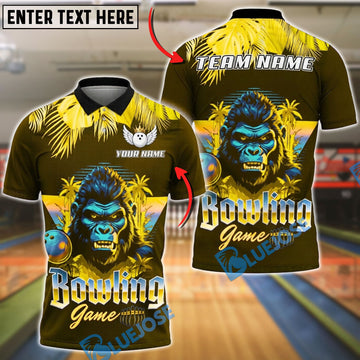 BlueJose Bowling And Pins Synthwave Gorilla Retro Neon Customized Name, Team Name 3D Shirt (6 Colors)