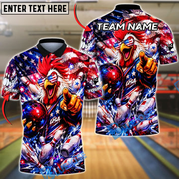 BlueJose Bowling Patriotic USA Flag Funny Chicken Customized Name, Team Name 3D Shirt