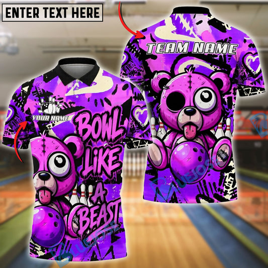 BlueJose Bowling And Pins Graffiti Bear Bowl Like A Beast Customized Name, Team Name 3D Shirt (4 Colors)