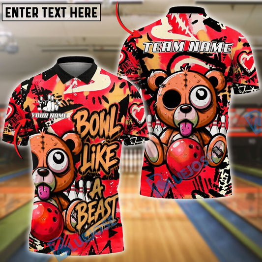 BlueJose Bowling And Pins Graffiti Bear Bowl Like A Beast Customized Name, Team Name 3D Shirt (4 Colors)