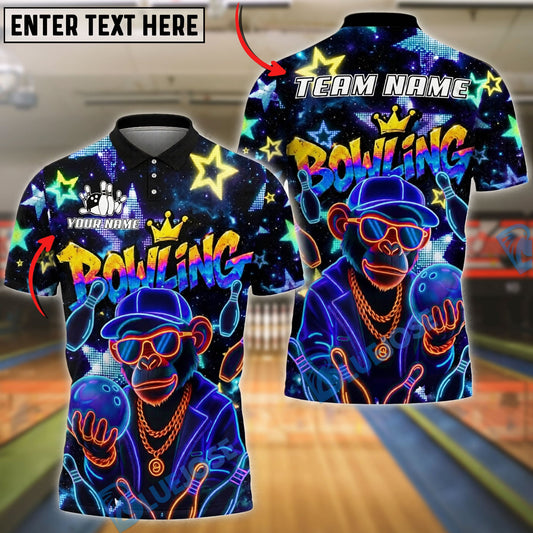 BlueJose Bowling And Pins Monkey Neon Customized Name, Team Name 3D Shirt (4 Colors)