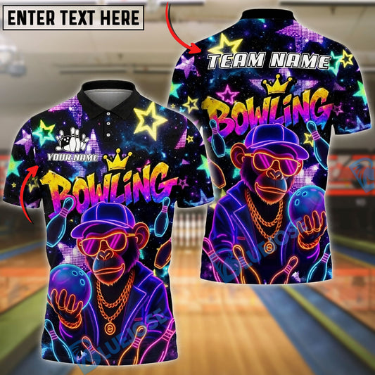BlueJose Bowling And Pins Monkey Neon Customized Name, Team Name 3D Shirt (4 Colors)