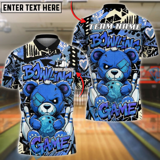 BlueJose Bowling And Pins Teddy Bear Graffiti Customized Name, Team Name 3D Shirt (4 Colors)