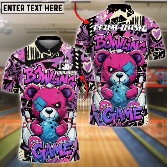 BlueJose Bowling And Pins Teddy Bear Graffiti Customized Name, Team Name 3D Shirt (4 Colors)