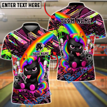 BlueJose Bowling And Pins Rainbow Black Unicorn Punk Customized Name, Team Name 3D Shirt (6 Colors)