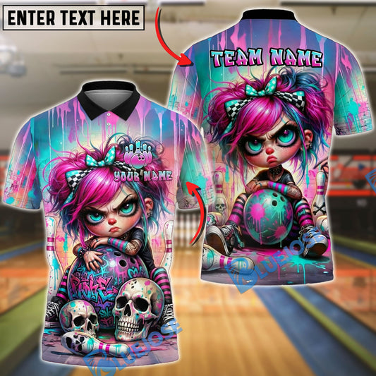 BlueJose Bowling And Pins Punk Girl Skull Graffiti Customized Name, Team Name 3D Shirt