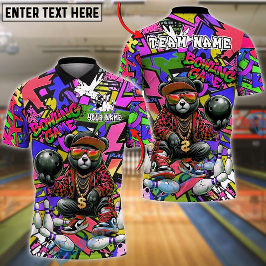 BlueJose Bowling And Pins Bear Streetwear Graffiti Customized Name, Team Name 3D Shirt (4 Colors)