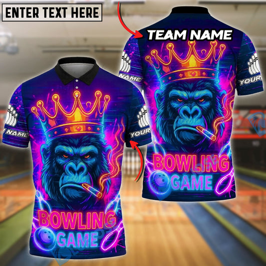 BlueJose Bowling And Pins Neon King Gorilla Customized Name, Team Name 3D Shirt (4 Colors)