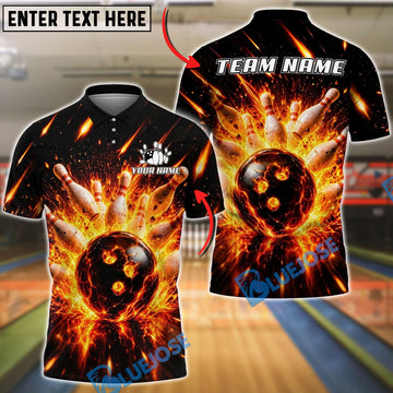 BlueJose Bowling And Pins Flaming Inferno Strike Customized Name, Team Name 3D Shirt (4 Colors)