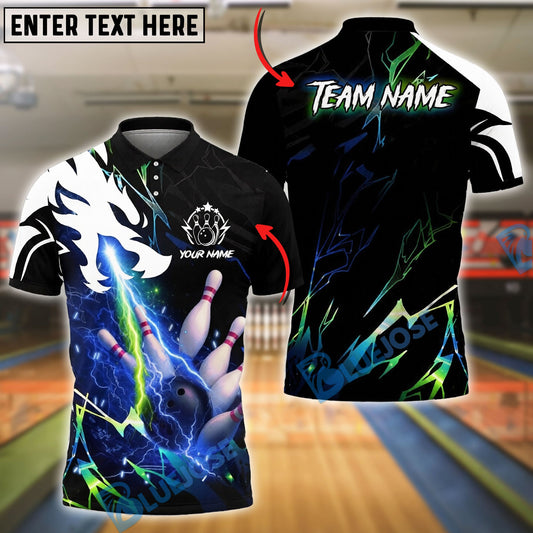 BlueJose Bowling And Pins Lightning Neon Thunder Dragon Breath Customized Name, Team Name 3D Shirt (4 Colors)