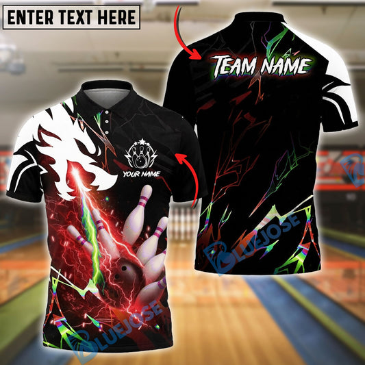 BlueJose Bowling And Pins Lightning Neon Thunder Dragon Breath Customized Name, Team Name 3D Shirt (4 Colors)