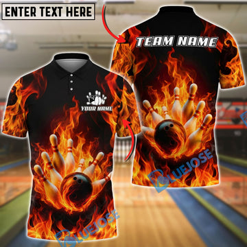 BlueJose Bowling And Pins Flaming Strike Burst Customized Name, Team Name 3D Shirt (4 Colors)