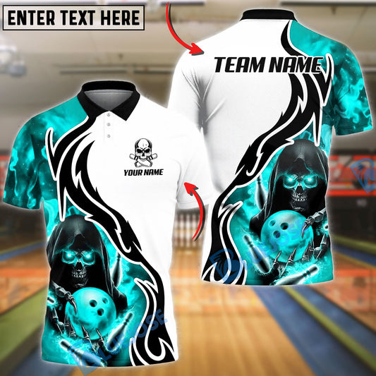 BlueJose Bowling And Pins Flame Grim Reaper White Background Customized Name, Team Name 3D Shirt (4 Colors)