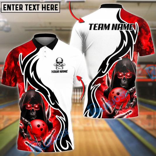 BlueJose Bowling And Pins Flame Grim Reaper White Background Customized Name, Team Name 3D Shirt (4 Colors)