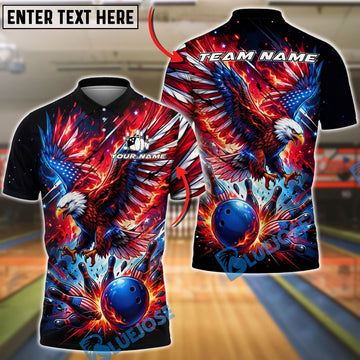 BlueJose USA Flag Bowling Eagle Flame Energy Customized Name, Team Name 3D Shirt