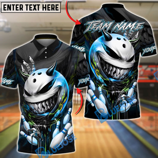 BlueJose Bowling & Pins Menacing Ball Face Green Horror Theme Customized Name, Team Name 3D Shirt (4 Colors)