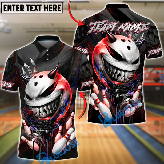 BlueJose Bowling & Pins Menacing Ball Face Green Horror Theme Customized Name, Team Name 3D Shirt (4 Colors)