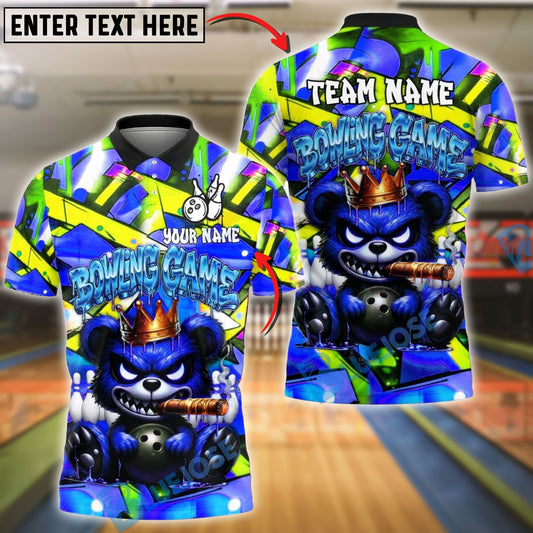 BlueJose Bowling & Pins Graffiti Angry Bear with Bowling Ball Crown Street Art Design Customized Name, Team Name 3D Shirt (4 Colors)