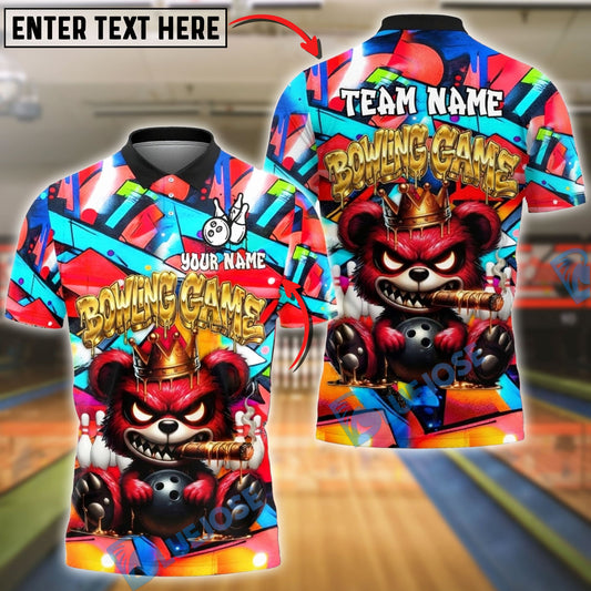BlueJose Bowling & Pins Graffiti Angry Bear with Bowling Ball Crown Street Art Design Customized Name, Team Name 3D Shirt (4 Colors)