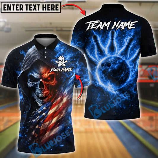 BlueJose Bowling & Pins Flaming Skull with American Flag Fire Bowling Ball Back Design Customized Name, Team Name 3D Shirt (4 Colors)