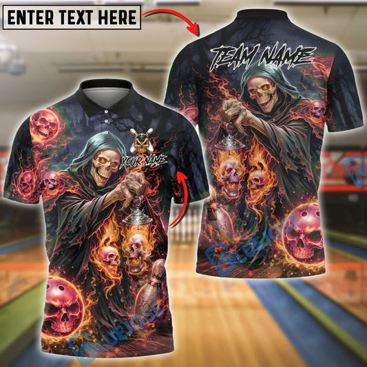 BlueJose Bowling & Pins Grim Reaper Skull Flame Dark Fantasy Customized Name, Team Name 3D Shirt (4 Colors)