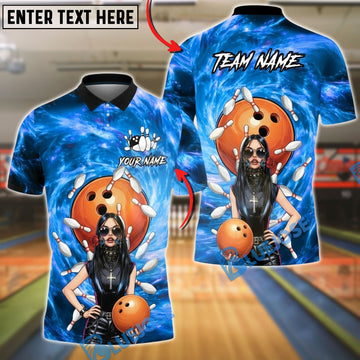 BlueJose Bowling And Pins Gothic Girl Orange Ball Blue Galaxy Background Customized Name, Team Name 3D Shirt (4 Colors)