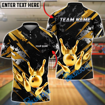 BlueJose Bowling And Pins King Crown Gold Black Grunge Customized Name, Team Name 3D Shirt (6 Colors)