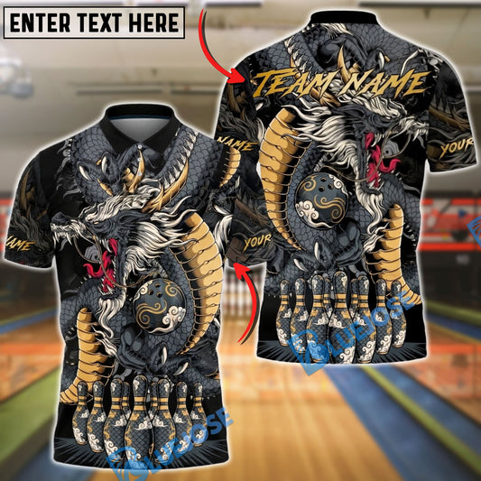 BlueJose Bowling & Pins Strike Asian Dragon Art Customized Name, Team Name 3D Shirt (4 Colors)