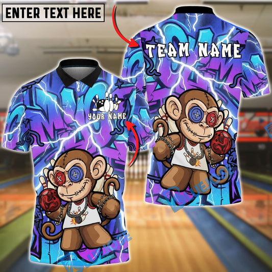 BlueJose Bowling & Pins Graffiti Monkey Urban Street Style Customized Name, Team Name 3D Shirt (4 Colors)