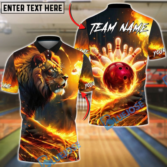 BlueJose Bowling & Pins Lion Fire Strike Flame Art Customized Name, Team Name 3D Shirt (4 Colors)