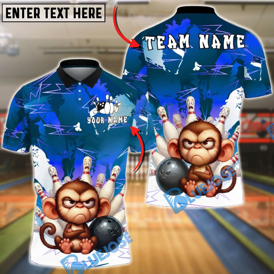 BlueJose Bowling & Pins Monkey Angry Cartoon Strike Customized Name, Team Name 3D Shirt (4 Colors)