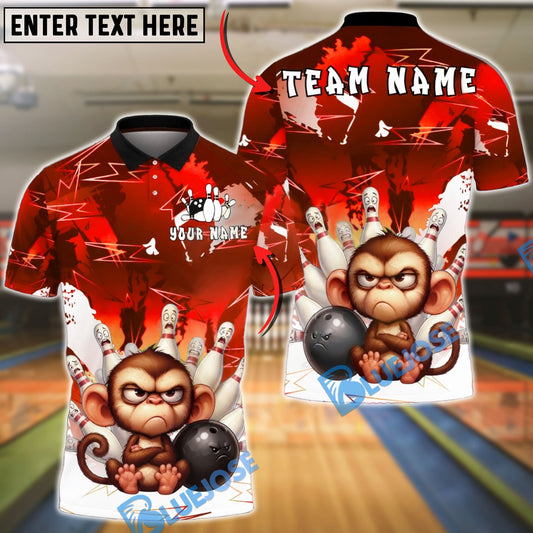 BlueJose Bowling & Pins Monkey Angry Cartoon Strike Customized Name, Team Name 3D Shirt (4 Colors)
