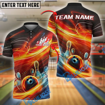 BlueJose Bowling And Pins Thunder Flame Strike Style Customized Name, Team Name 3D Shirt (4 Colors)