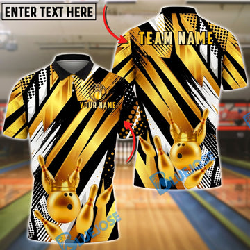 BlueJose Bowling And Pins Crown Gold Abstract Stripe Style Customized Name, Team Name 3D Shirt (6 Colors)