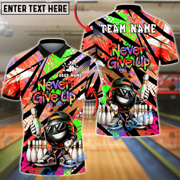 BlueJose Bowling And Pins Star Mark Never Give Up Retro Graffiti Style Customized Name, Team Name 3D Shirt (4 Colors)