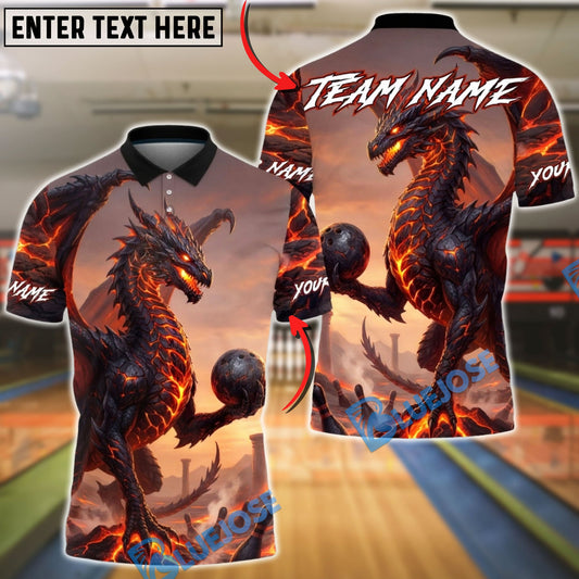 BlueJose Bowling & Pins Fire Dragon Fantasy Artwork Customized Name, Team Name 3D Shirt (4 Colors)
