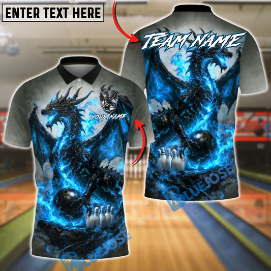 BlueJose Bowling & Pins Flaming Dragon Power Strike Design Customized Name, Team Name 3D Shirt (4 Colors)
