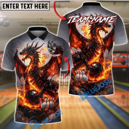BlueJose Bowling & Pins Flaming Dragon Power Strike Design Customized Name, Team Name 3D Shirt (4 Colors)